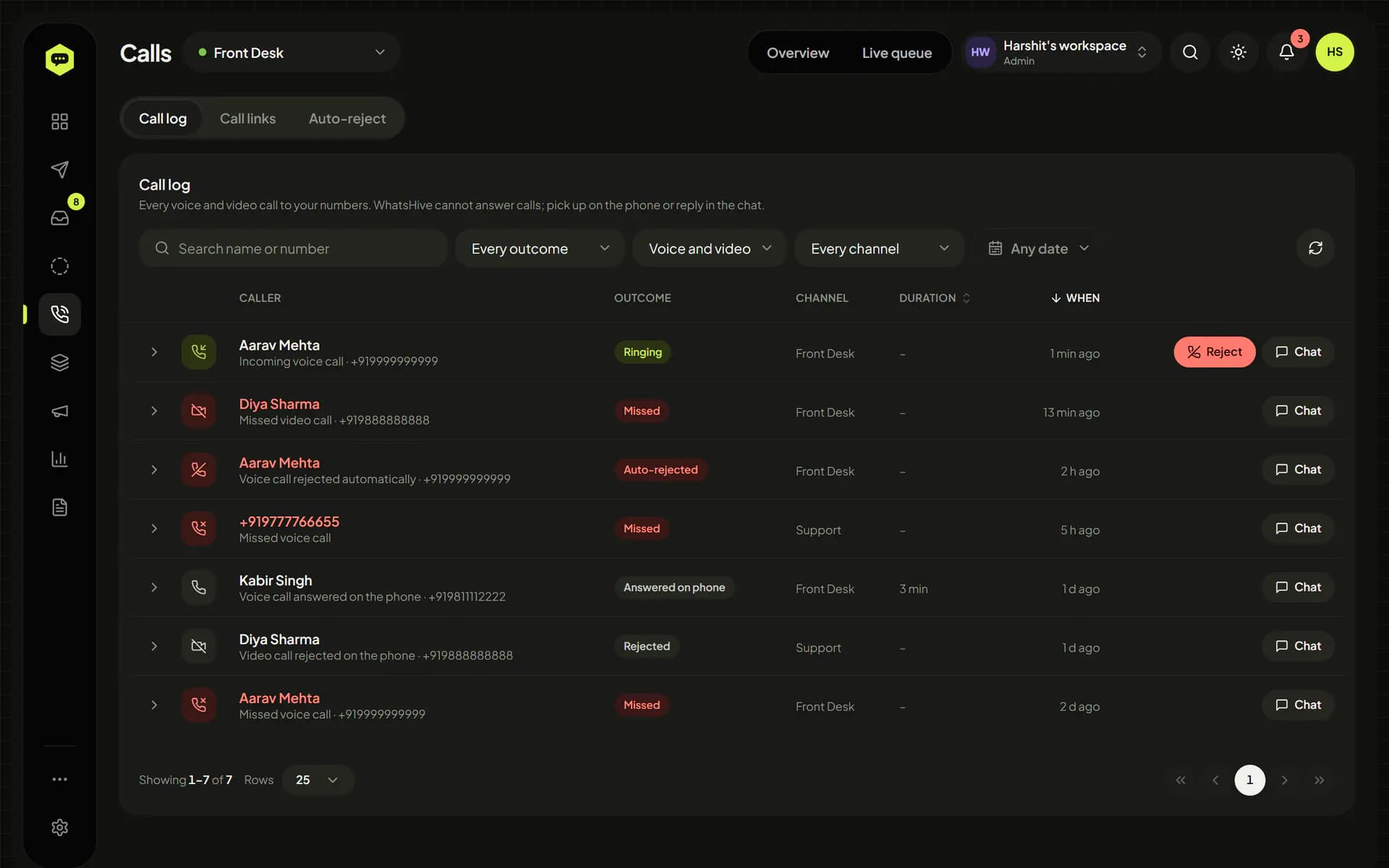 WhatsHive call log with ringing, missed, auto-rejected and answered calls and a Reject button