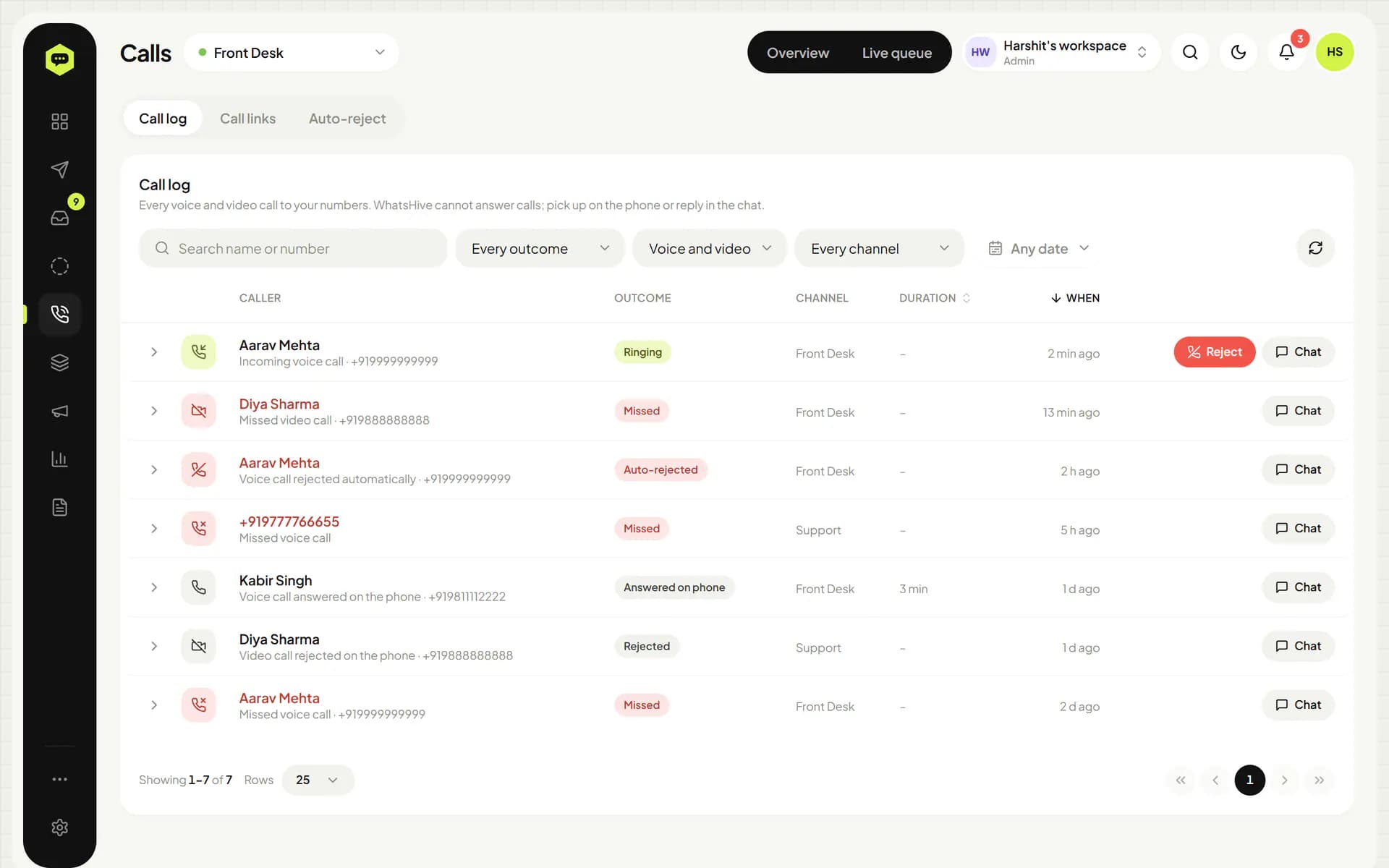 WhatsHive call log with ringing, missed, auto-rejected and answered calls and a Reject button