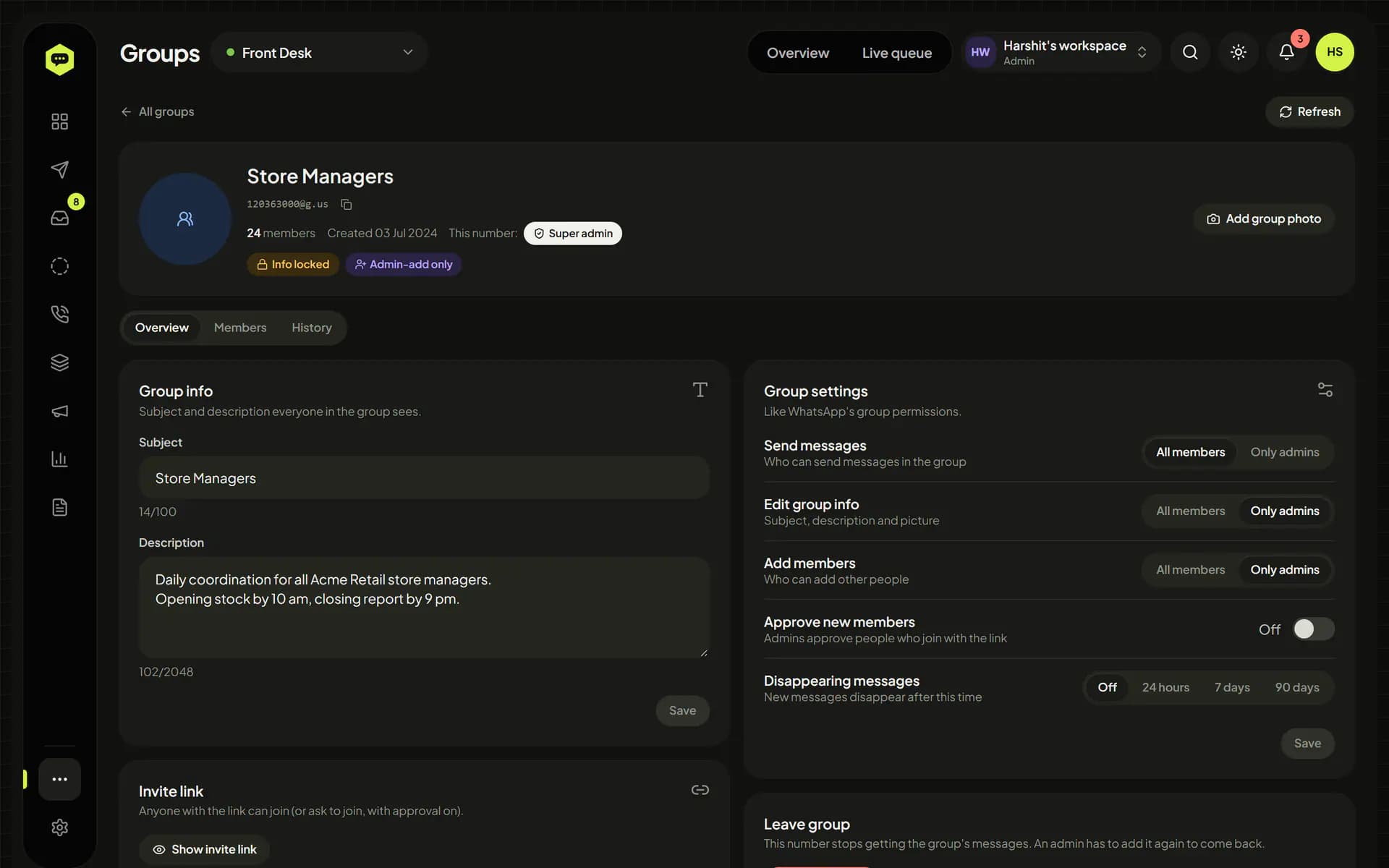 WhatsHive group page with group info, settings for who can send, edit and add, and the invite link