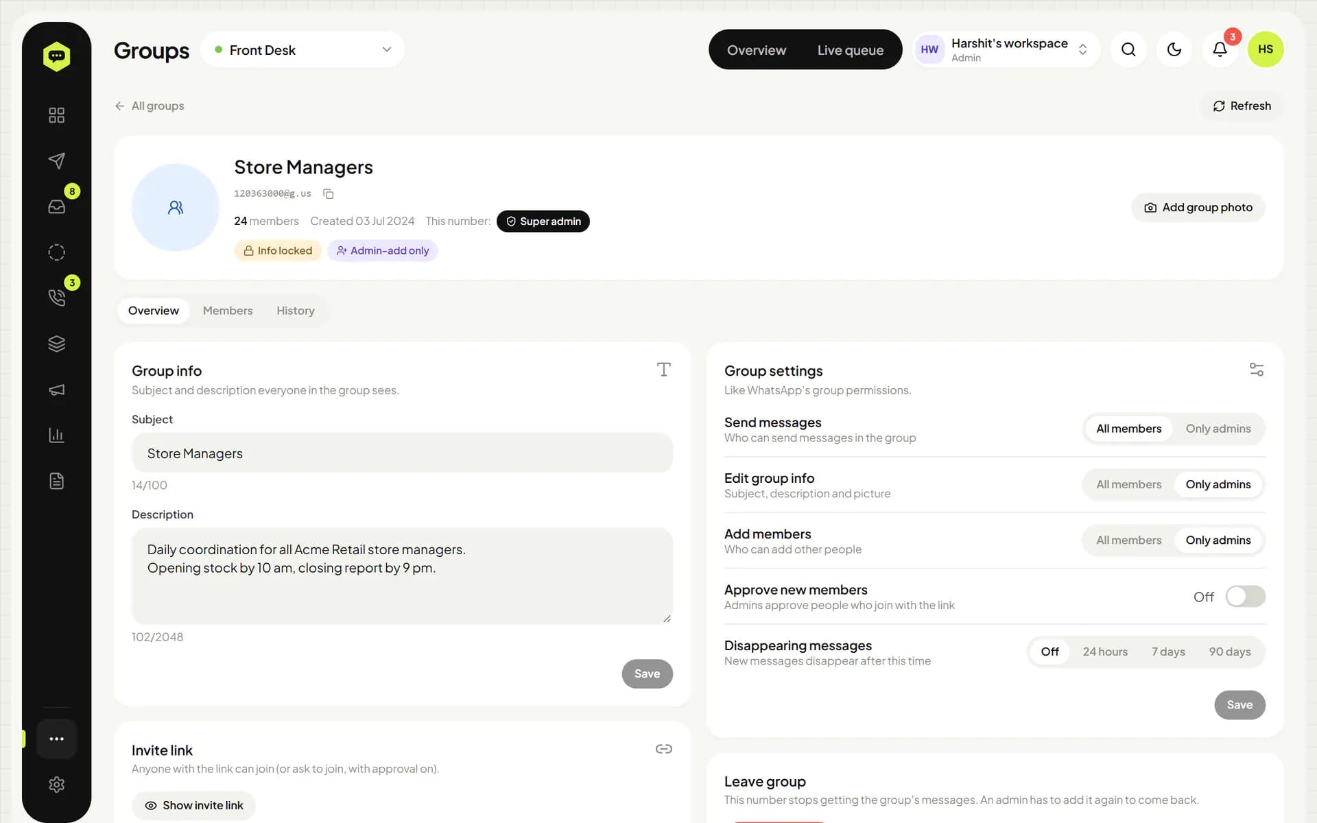 WhatsHive group page with group info, settings for who can send, edit and add, and the invite link
