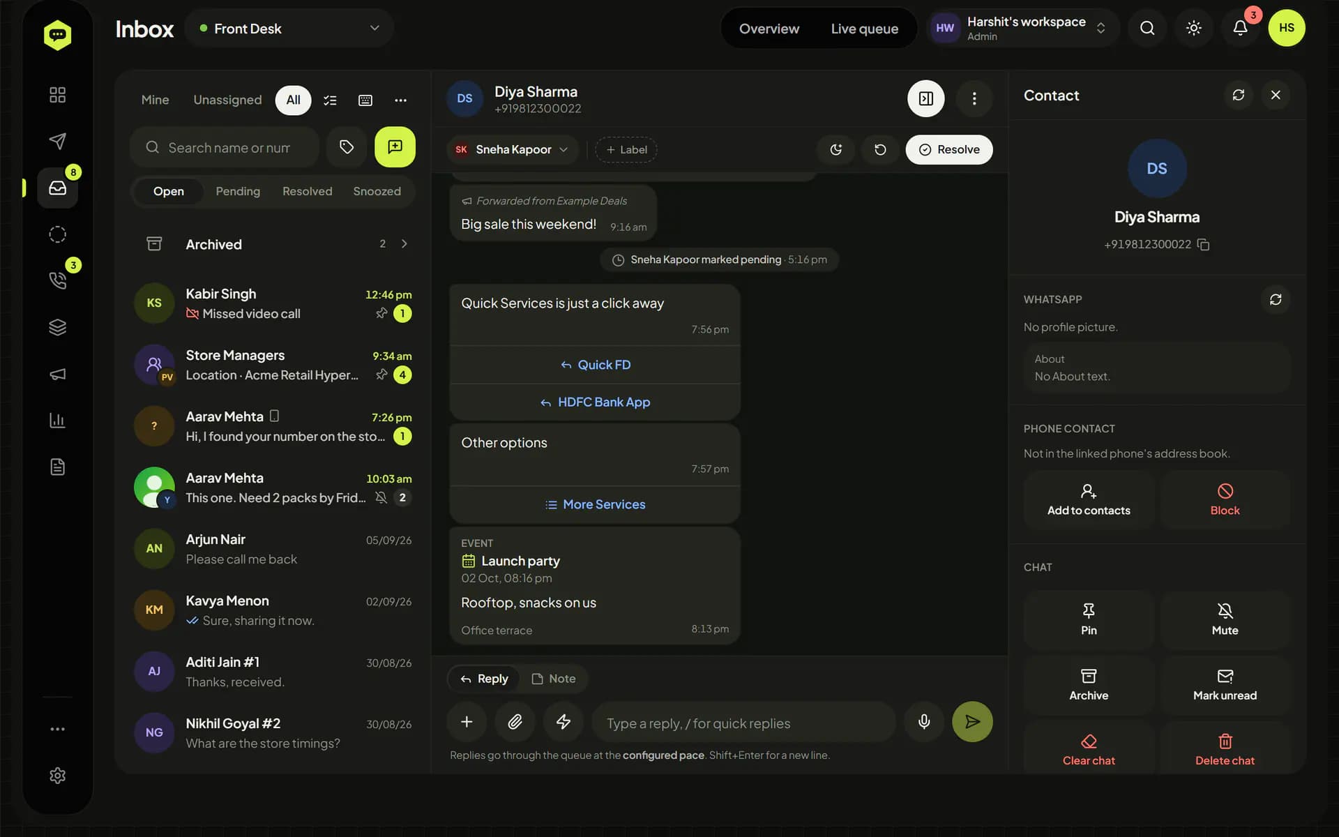 WhatsHive inbox with a chat list, a conversation with business buttons, a list and an event, and the contact panel