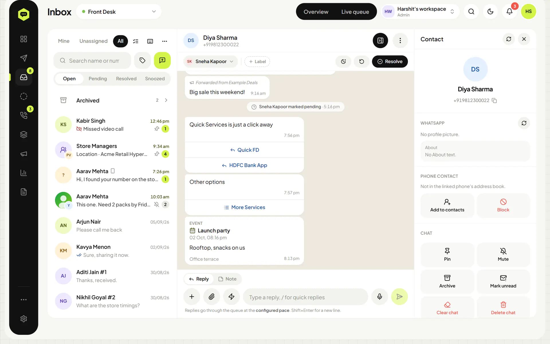 WhatsHive inbox with a chat list, a conversation with business buttons, a list and an event, and the contact panel