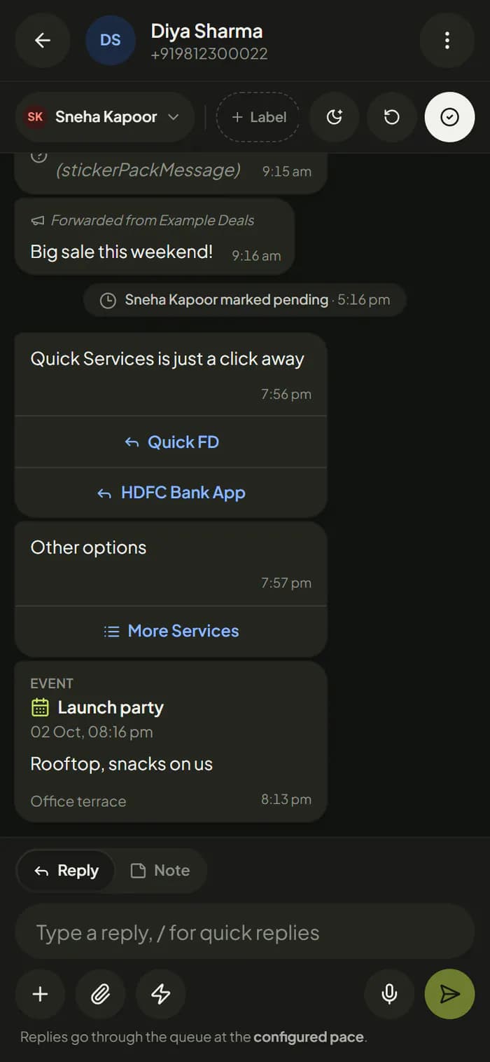WhatsHive inbox on a phone: a chat with business buttons, a list and an event