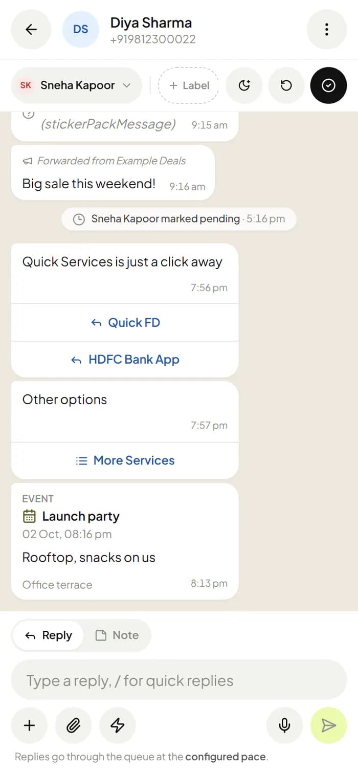WhatsHive inbox on a phone: a chat with business buttons, a list and an event