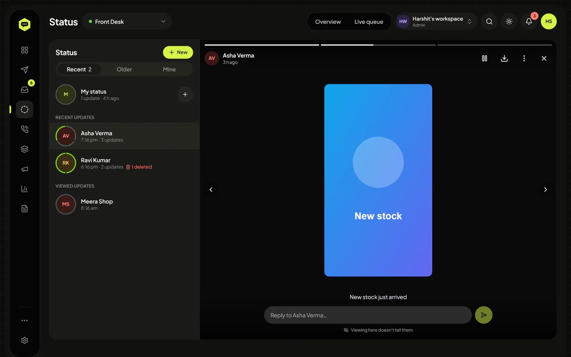 WhatsHive Status page with recent updates from contacts and one open in the viewer