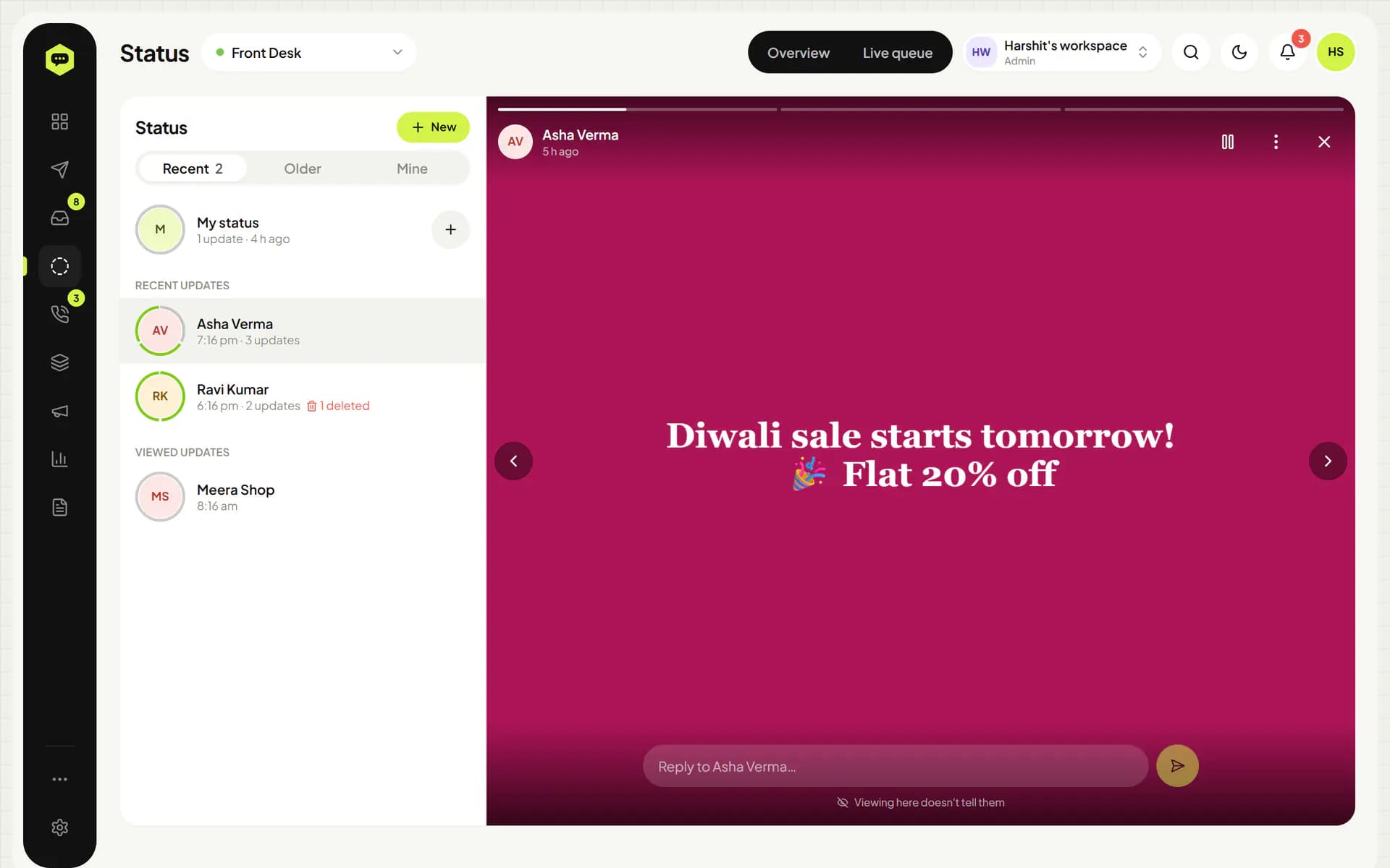 WhatsHive Status page with recent updates from contacts and one open in the viewer